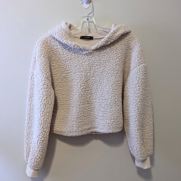 Beige Cropped Teddy Sweatshirt Sweater Zaful Hoodie Neutral Cute Soft Size S - Picture 5 of 8